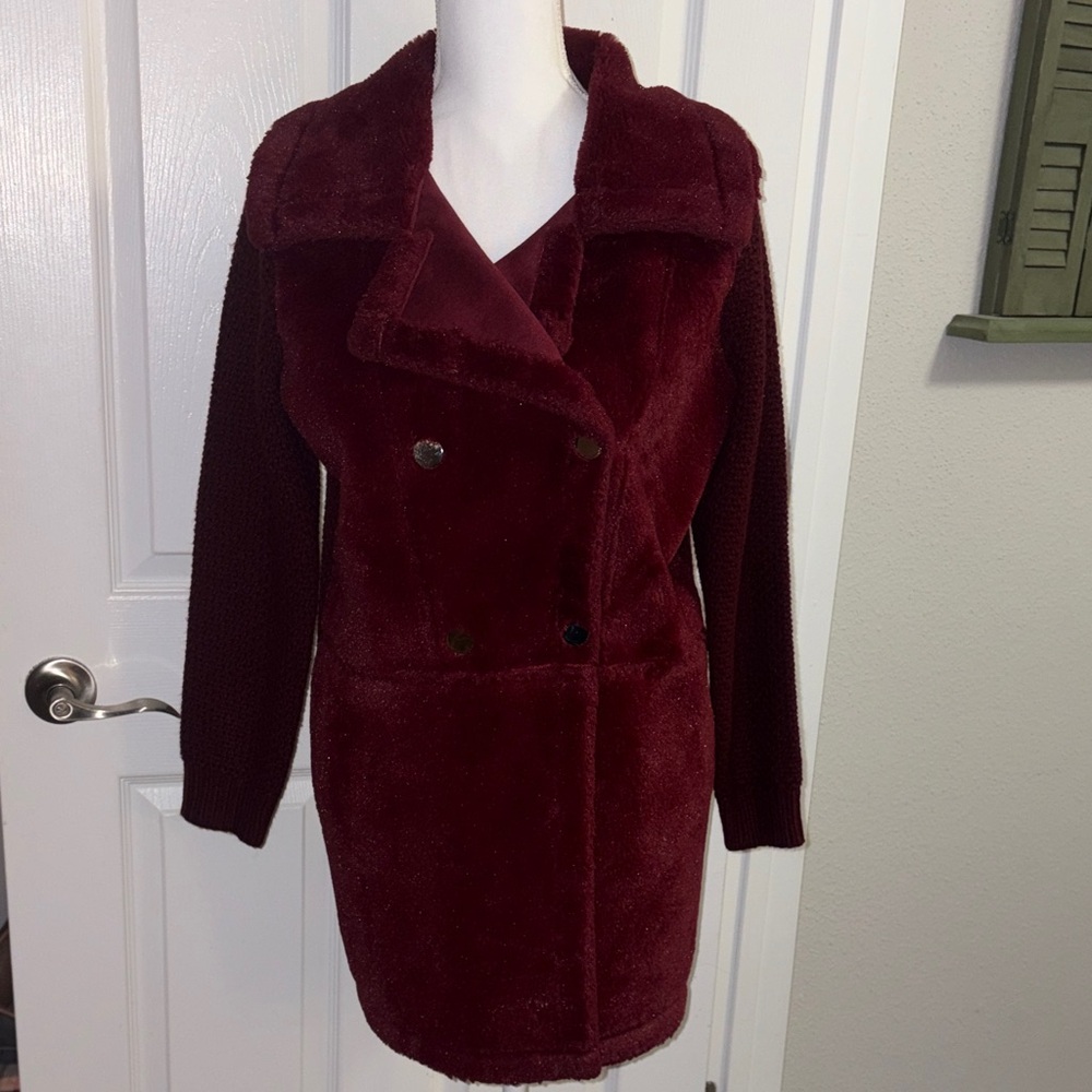 Burgundy Faux Fur and Knit Sweater Coat - Picture 7 of 16